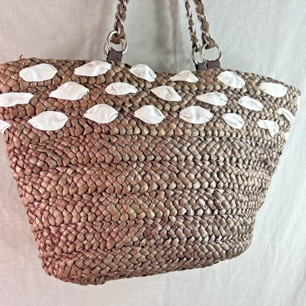 Raffia Bucket Tote Bag Boho Beach Vacation Travel Straw Shell Bow Medium - Picture 2 of 16